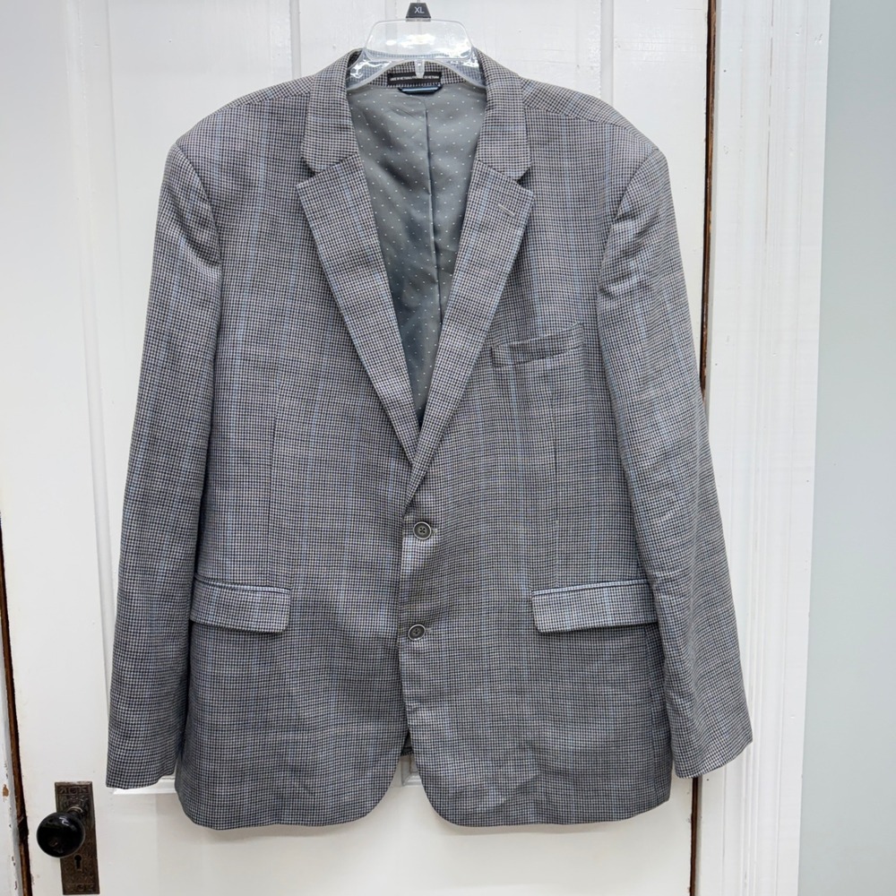 Tommy Hilfiger Mens 48R Wool Blend Houndstooth Blazer Jacket Grey Blue Plaid